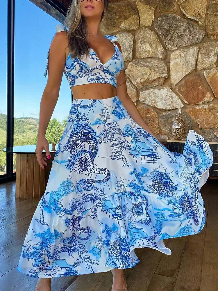 Hand-Painted Oversized 2-Piece Set – Backless Crop Top & Flowing Skirt - Piña Colada