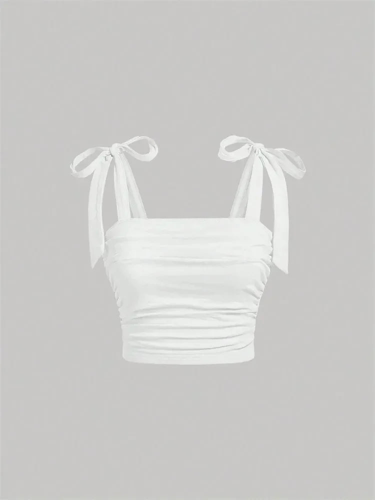 Solid Tie Shoulder Ruched Wide Crop Top - Piña Colada