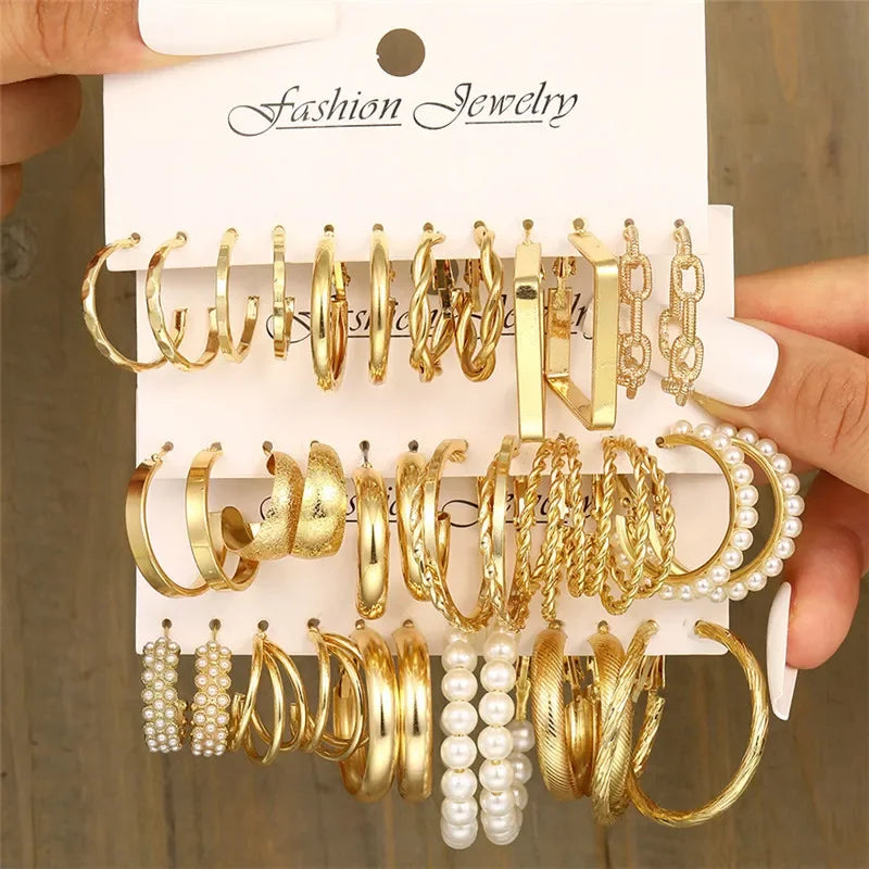 Modyle Geometric Pearl Hoop Earrings Set - Piña Colada