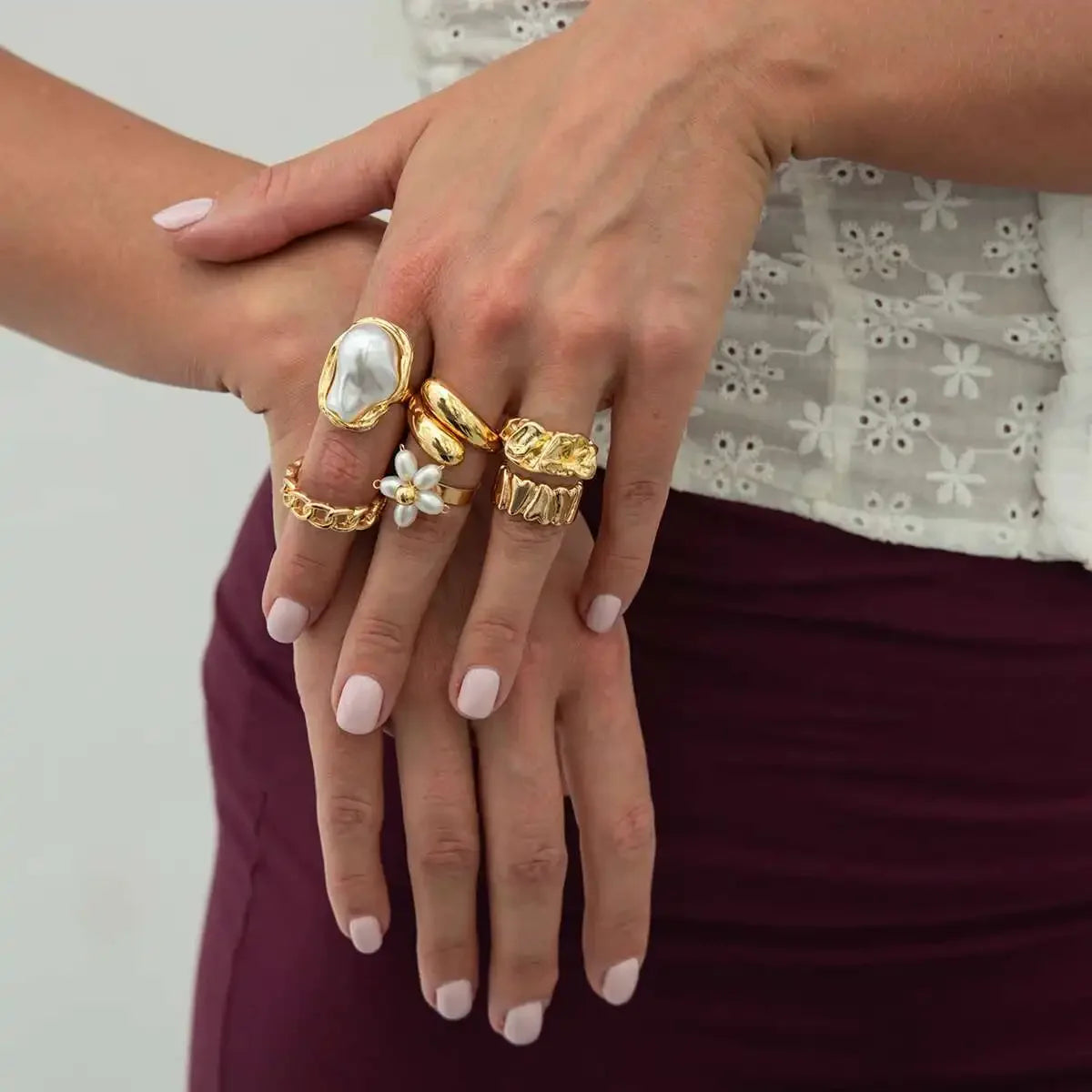 6Pcs/set Pearl Open Irregular Pleated Rings - Piña Colada