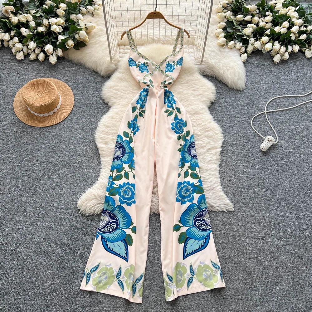 Vintage Printed Jumpsuit for Women – Full-Length Summer Romper with Mid Waist - Piña Colada