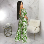 Women Leaf Printed Vintage Short Sleeve Wide Leg Jumpsuits - Piña Colada