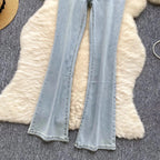 High-Waisted Flared Denim Pants with Faux Zippers – Streetwear Style - Piña Colada