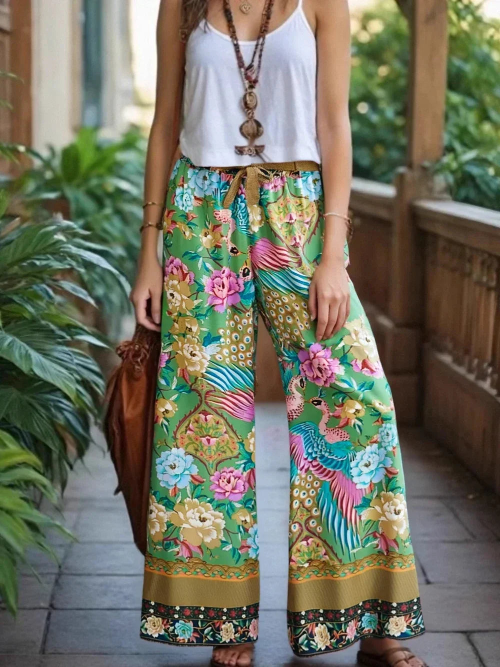 Peacock Floral Print Bohemian Wide Leg Pants - Piña Colada