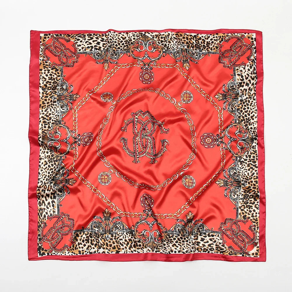 Leopard Print Square Scarf Satin Silk - Piña Colada