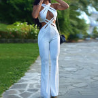 Backless Hollow Out Jumpsuit – Sleeveless Flare-Leg Romper with Fitted Waist - Piña Colada