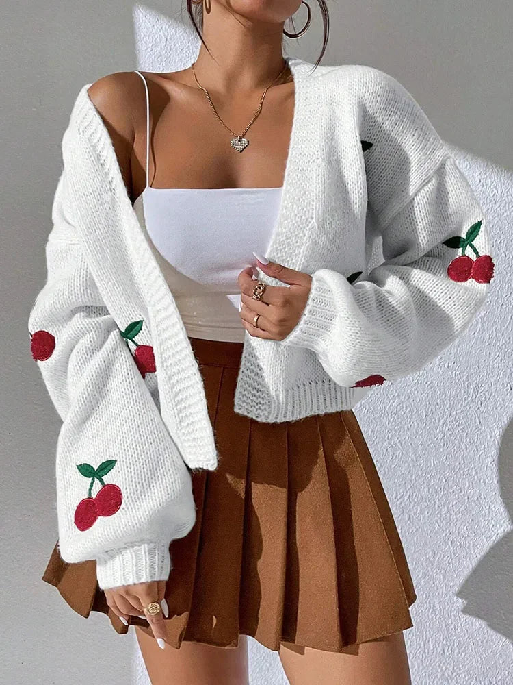 Embroidered Cherry Knit Cardigan - Piña Colada