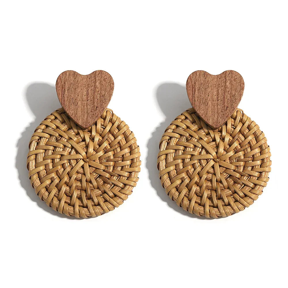 Handmade Two Tone Rattan Knit Wrapped Round Drop Earrings for Women - Piña Colada