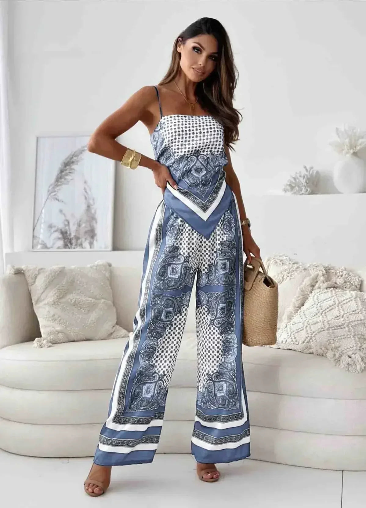 Satin Print Lace-Up Top & Wide-Leg - Piña Colada