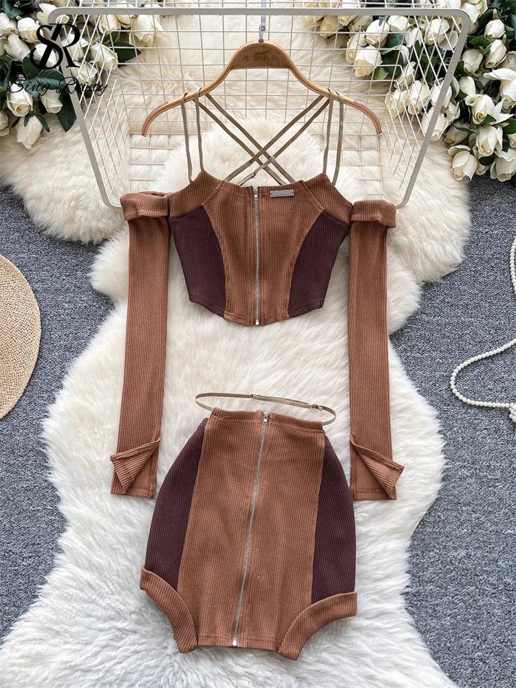 Two Piece Suits Off The Shoulder Zipper Crop Top - Piña Colada