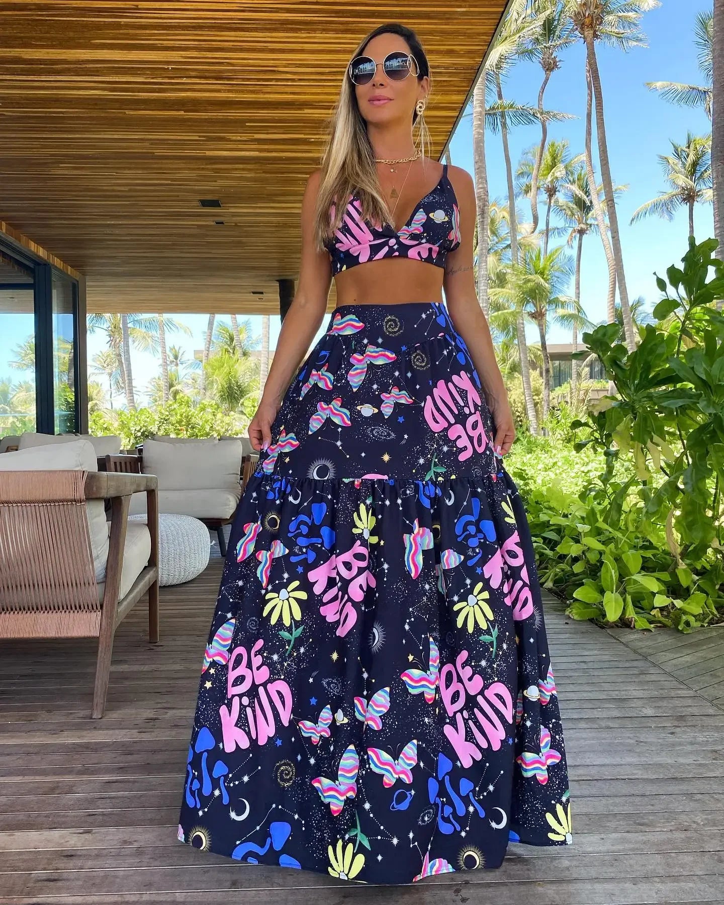 Hand-Painted Oversized 2-Piece Set – Backless Crop Top & Flowing Skirt - Piña Colada