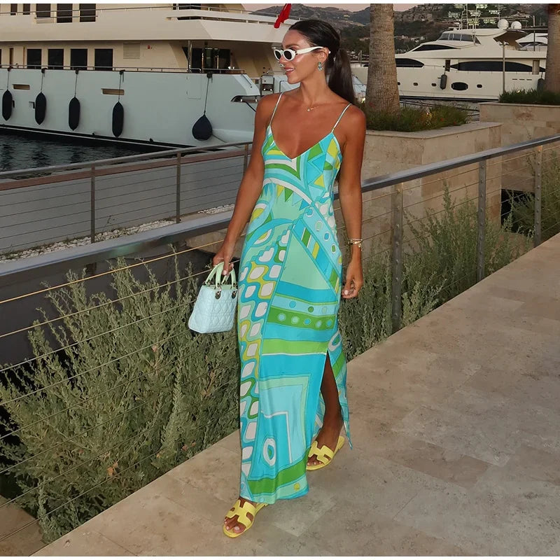 Chic Print Sling Long Dress Women Sleevless Backless - Piña Colada