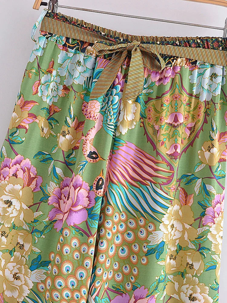 Peacock Floral Print Bohemian Wide Leg Pants - Piña Colada