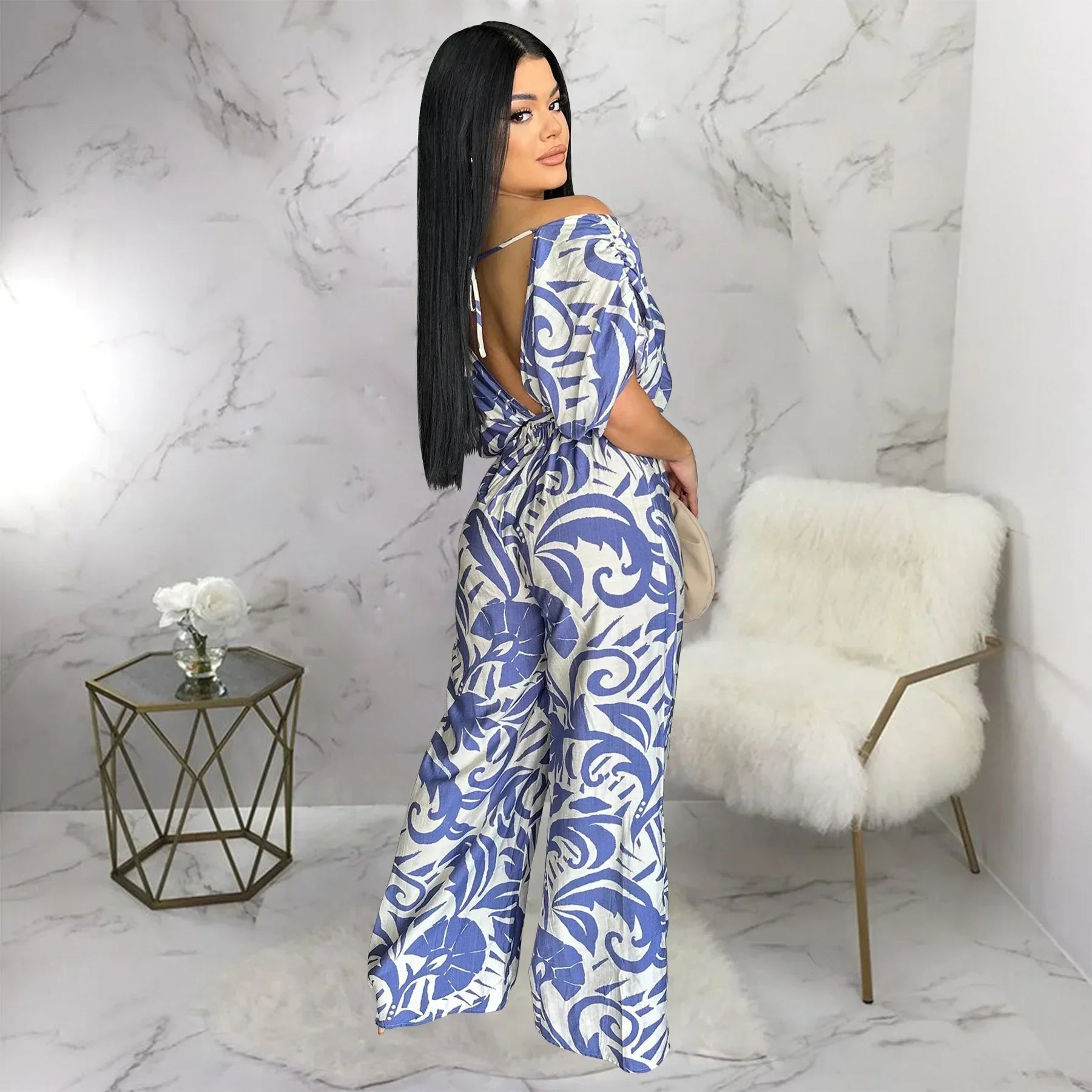 Women Leaf Printed Vintage Short Sleeve Wide Leg Jumpsuits - Piña Colada