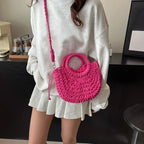 Boho Rattan Half-Moon Crossbody Bag – Handwoven Summer Straw Shoulder Purse - Piña Colada