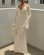 Knitting Hollow Out V-Neck Long Sleeve Dress - Piña Colada