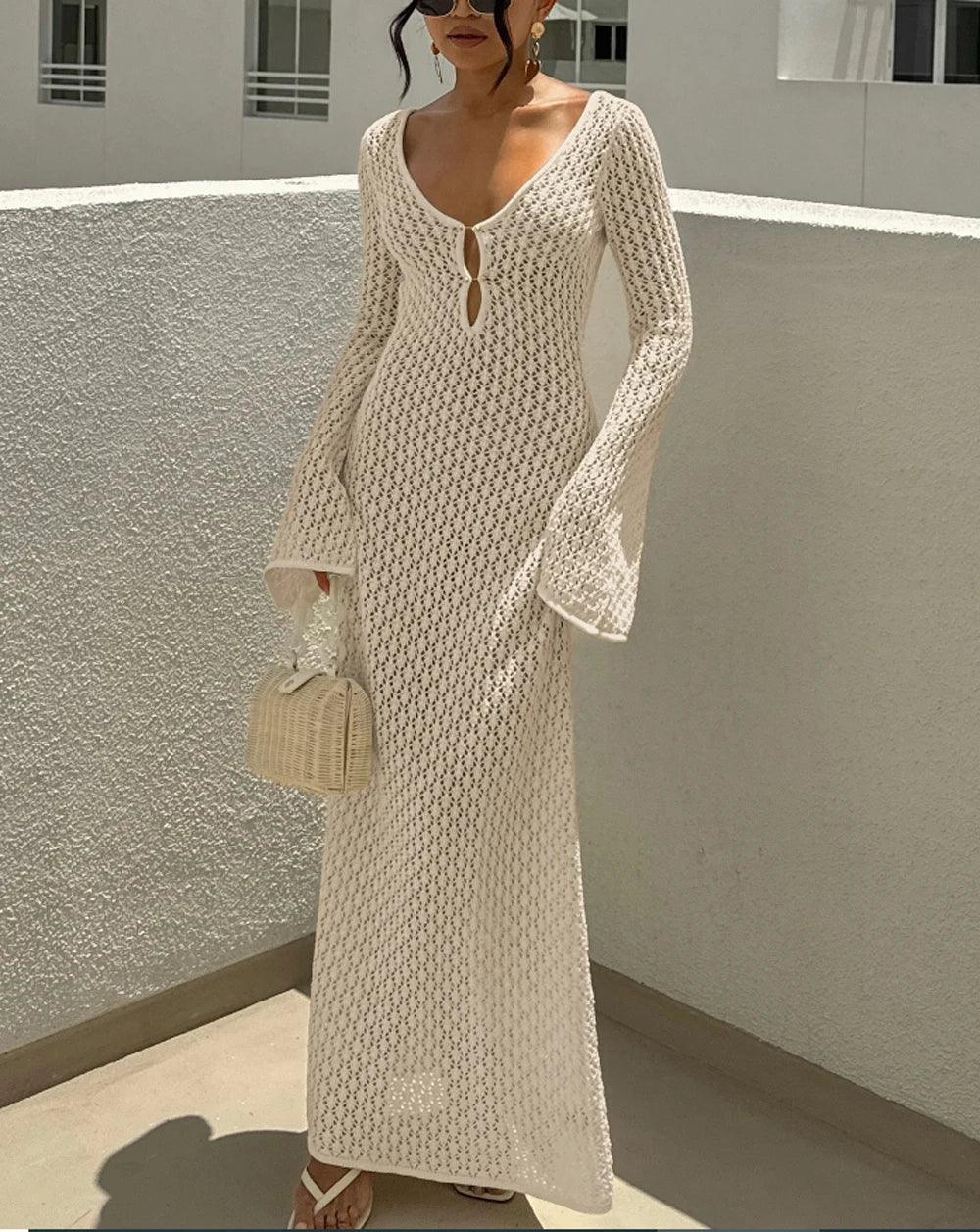 Knitting Hollow Out V-Neck Long Sleeve Dress - Piña Colada