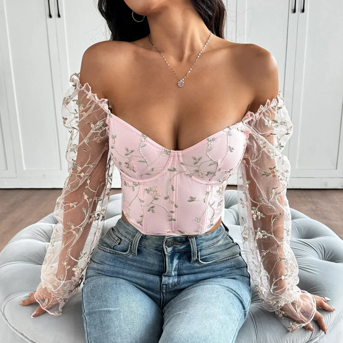 Mesh Long Sleeve Corset - Piña Colada