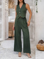Summer V-Neck Button Crop Top & Wide-Leg Pants Set - Piña Colada