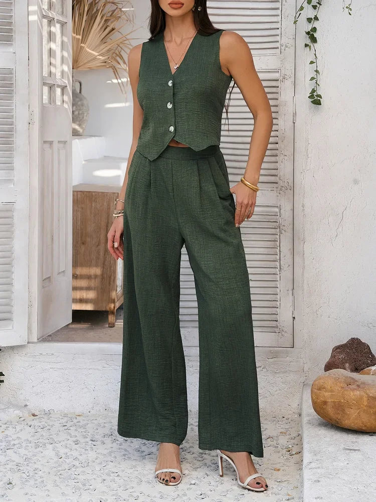 Summer V-Neck Button Crop Top & Wide-Leg Pants Set - Piña Colada