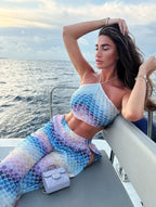 Printed Tube Top & Mesh Halter Pants Set - Piña Colada