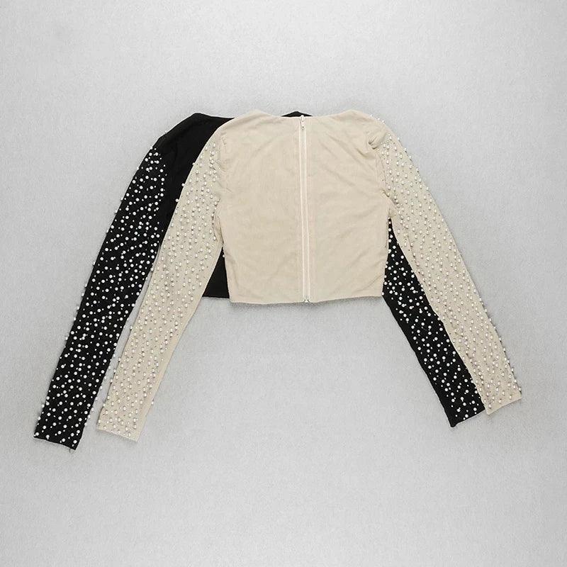 Beaded Knit Two-Piece Set – Elegant Mini Skirt &amp; Long Sleeve Top - Piña Colada