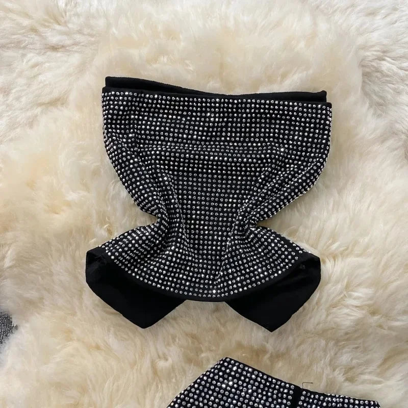 Rhinestone Slash Neck Crop Top & High Waist Pants Set - Piña Colada