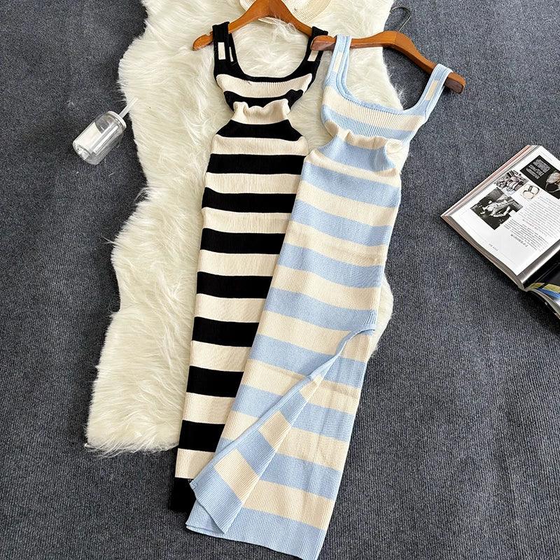 Stripe Summer Elastic Split Bodycon Dress - Piña Colada