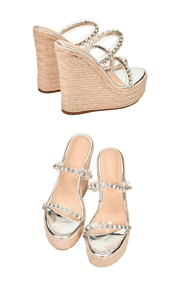 Crystal Wedge Slide Sandals – Elegant PU Platform Mules - Piña Colada