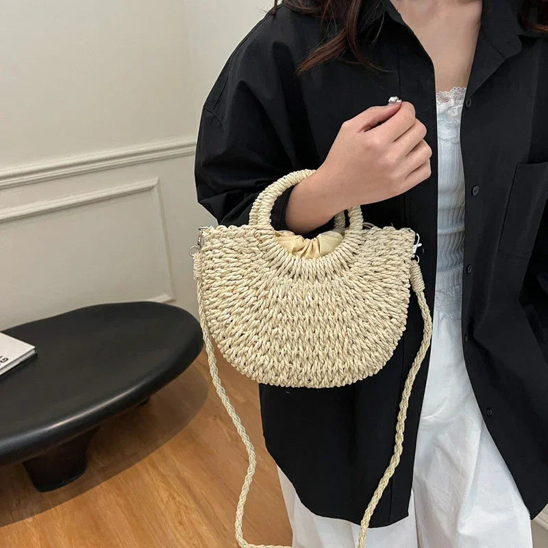 Boho Rattan Half-Moon Crossbody Bag – Handwoven Summer Straw Shoulder Purse - Piña Colada