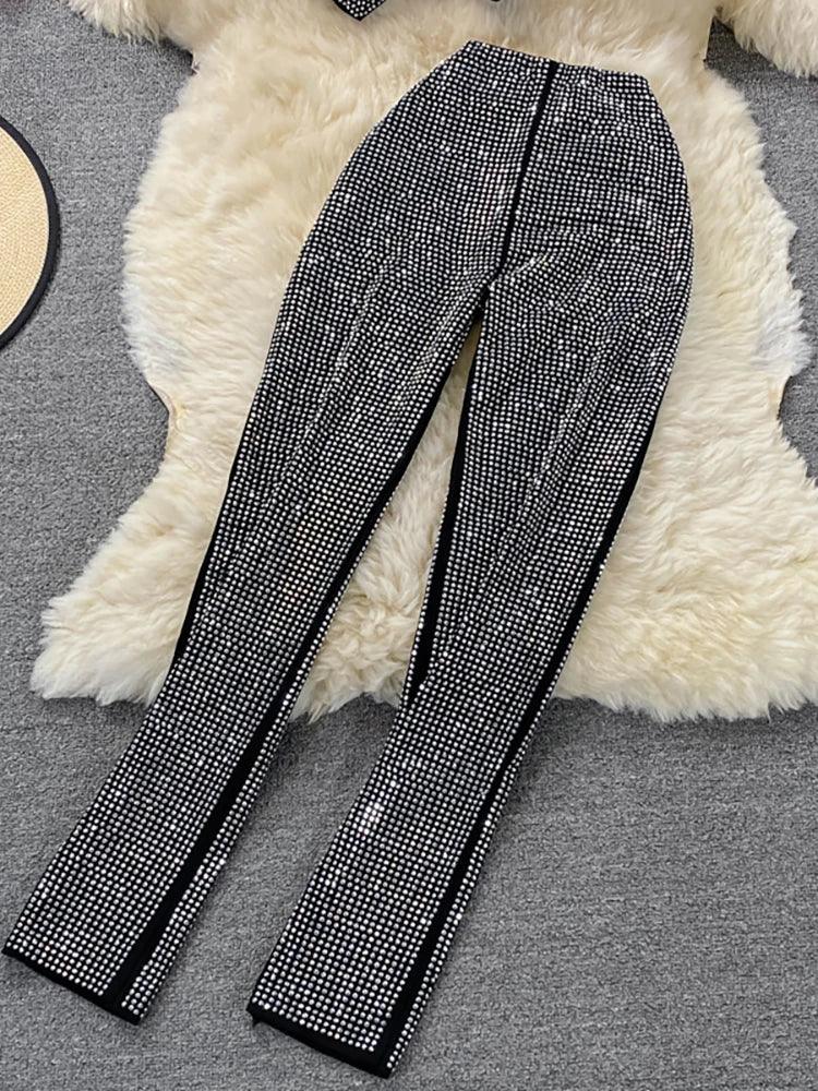 Rhinestone Slash Neck Crop Top & High Waist Pants Set - Piña Colada