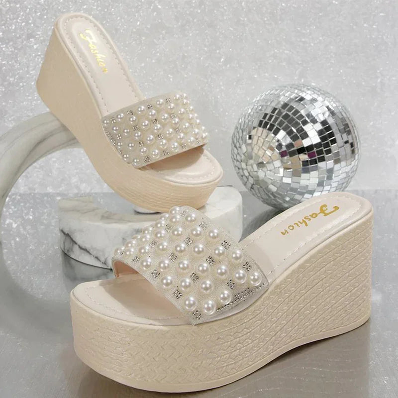 Boho Beaded Platform Wedge Slippers - Piña Colada