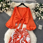 Vintage Sleeve Short Zip Up Shirt Top + Print High Waist Wide Leg - Piña Colada
