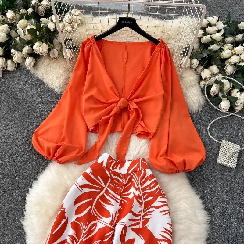 Vintage Sleeve Short Zip Up Shirt Top + Print High Waist Wide Leg - Piña Colada