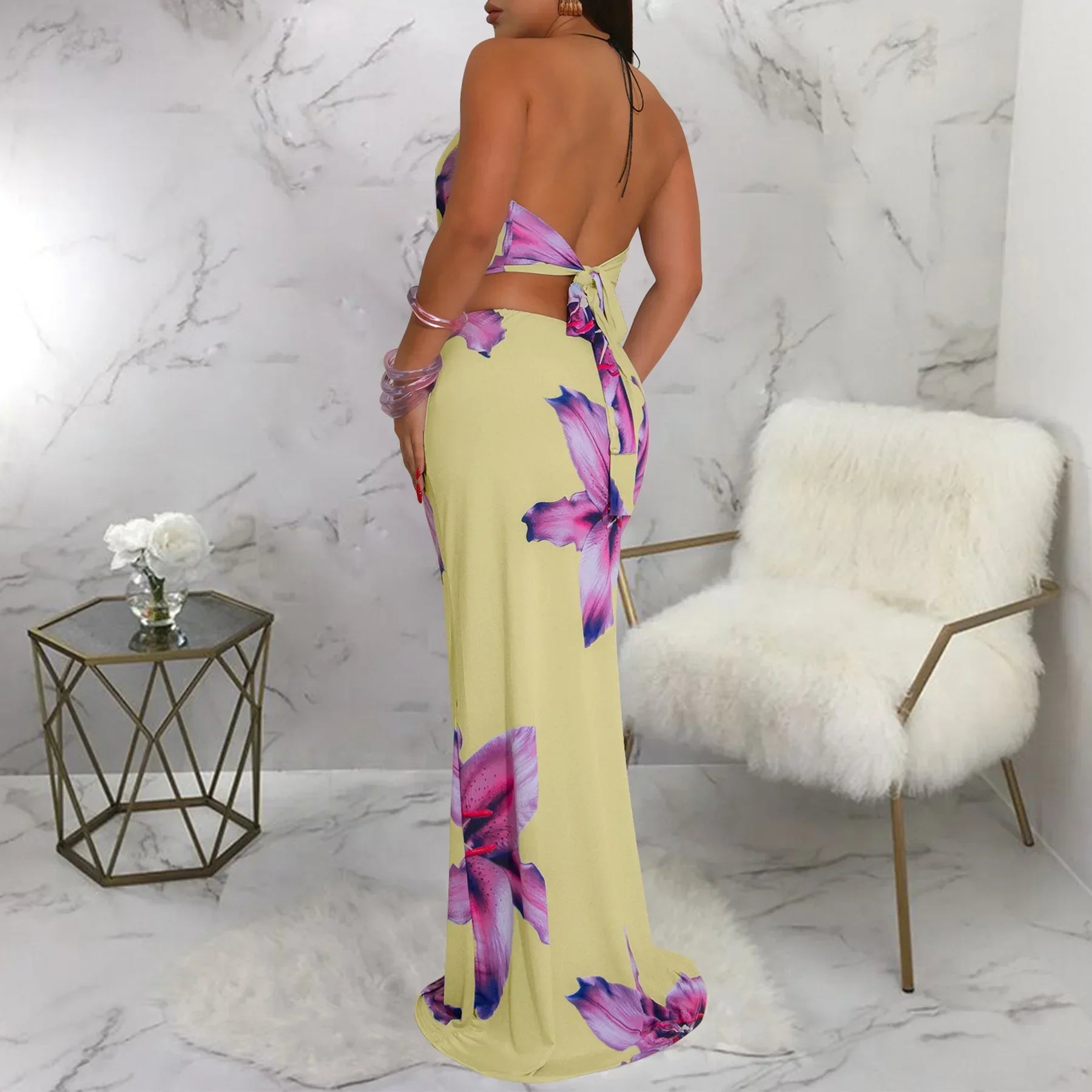 Floral Crop Top & Bodycon Skirt Set - Piña Colada