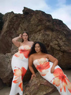 Flower Print Strapless Long Dress - Piña Colada