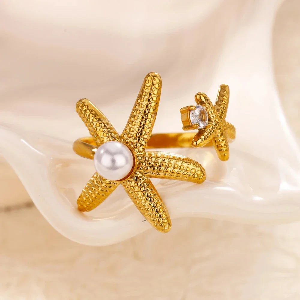Gold Ocean Starfish & Shell Open Ring - Piña Colada