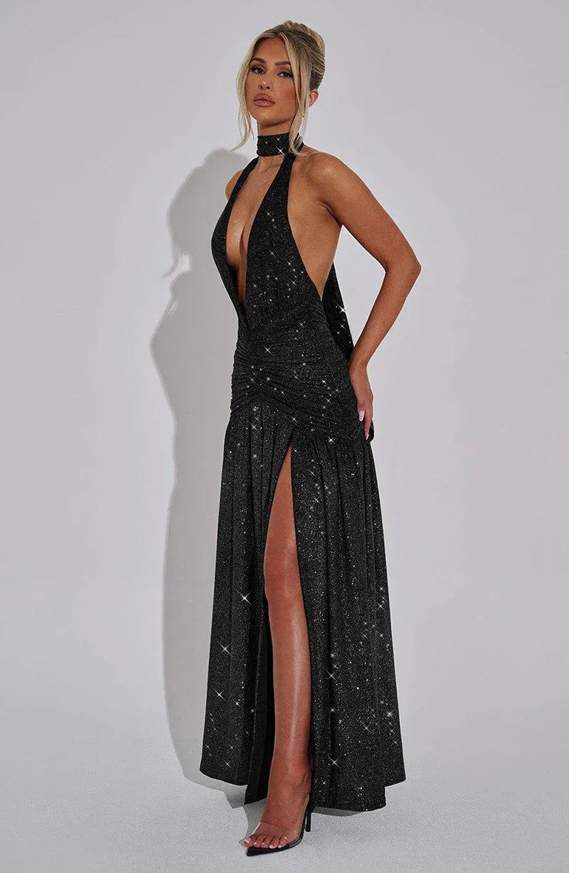 Mozision Sequin V-Neck Floor-Length Dress – Sexy & Club Evening Gown - Piña Colada
