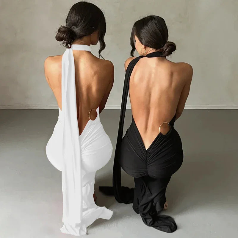 One Shoulder Backless Adjustable Scarf Maxi Dress - Piña Colada