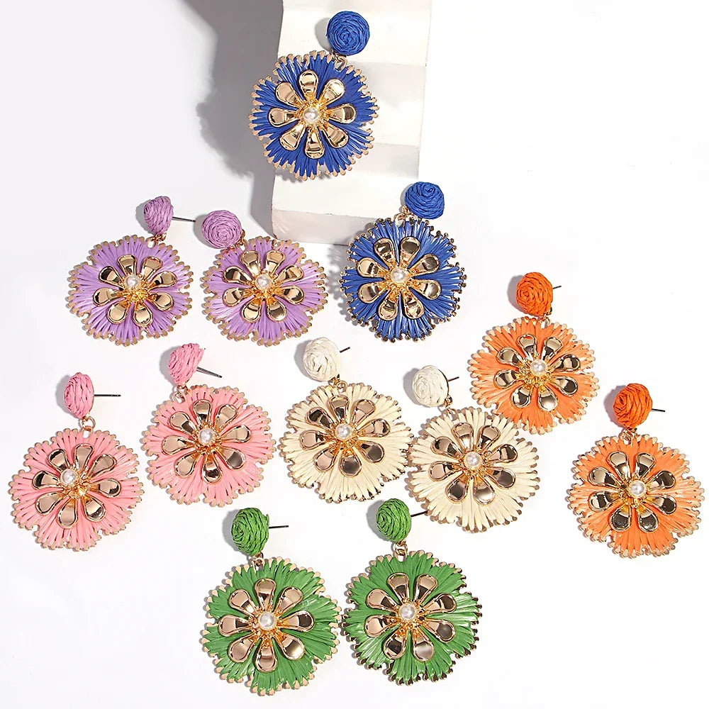 Rattan Plaited Flower Design Pearl Earrings - Piña Colada