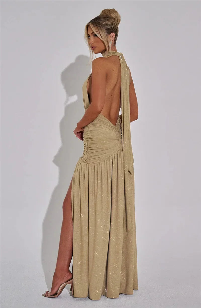 Mozision Sequin V-Neck Floor-Length Dress – Sexy & Club Evening Gown - Piña Colada