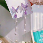 Zircon Crystal Pearls Long Tassel Butterfly Earrings - Piña Colada