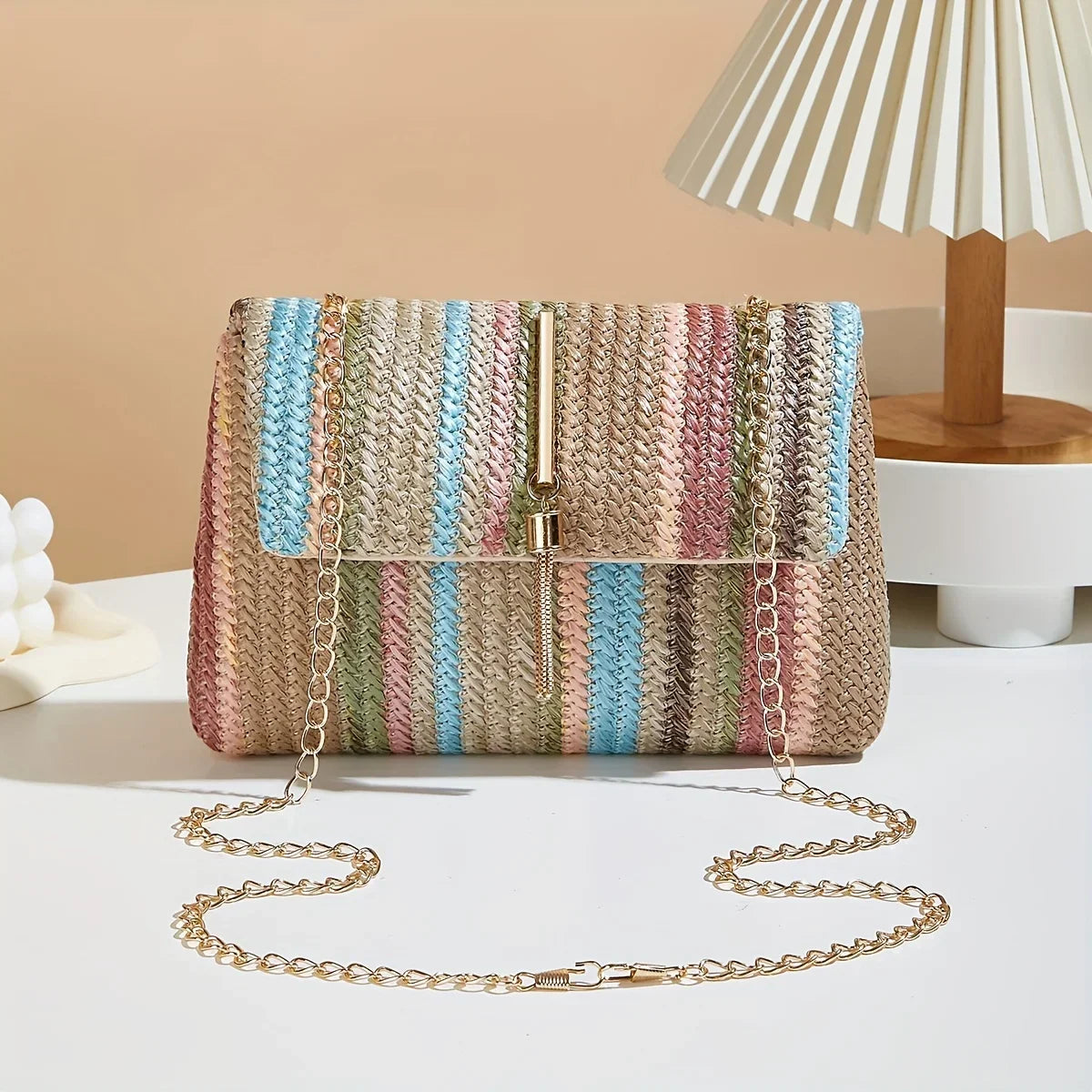 Chic Rainbow Stripe Straw Crossbody - Piña Colada