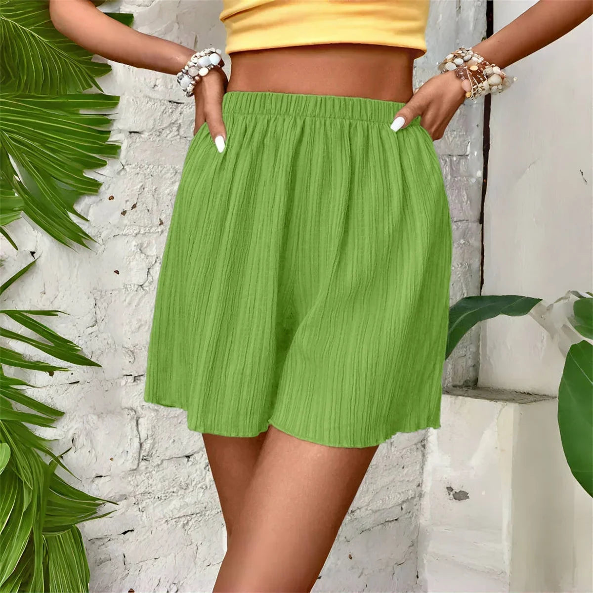 Women High Waist Solid Shorts - Piña Colada