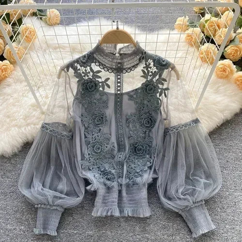 Lace Puff Long Sleeve Blouse Vintage