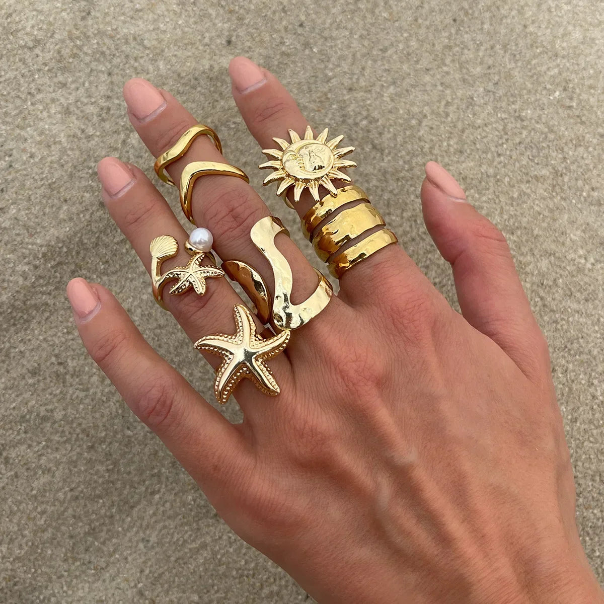 6Pcs/Set Vintage Sun Starfish Open Rings - Piña Colada