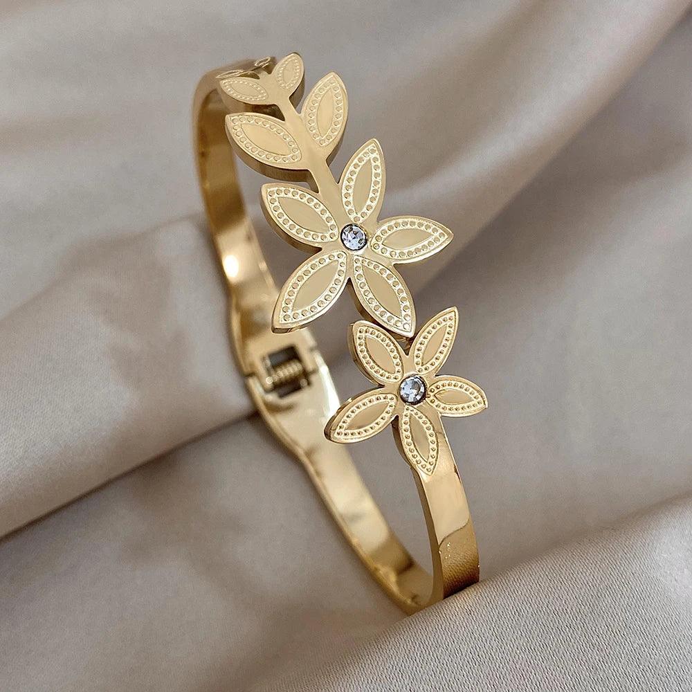 Stainless Steel Double Flower Cuff Bracelet - Piña Colada