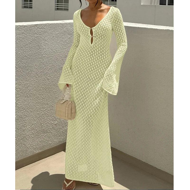 Knitting Hollow Out V-Neck Long Sleeve Dress - Piña Colada