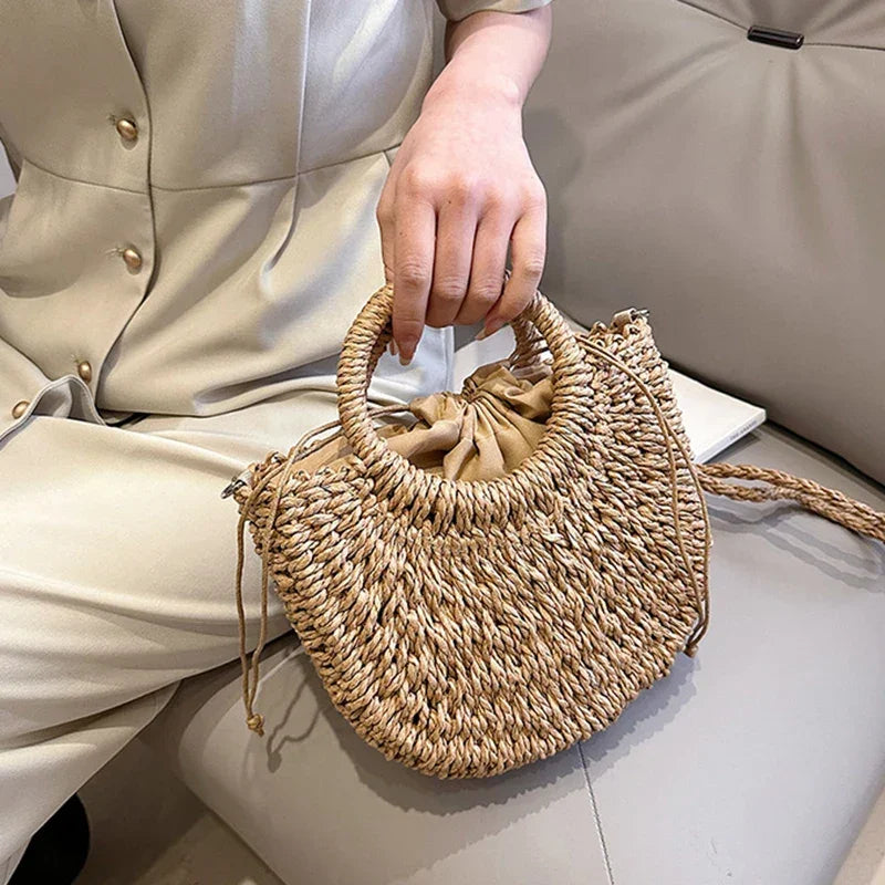 Straw Rattan Half-Moon Beach Handbag - Piña Colada