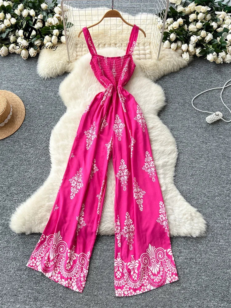 Vintage Floral Print Summer Jumpsuit – Sleeveless Wide-Leg Romper for Women - Piña Colada